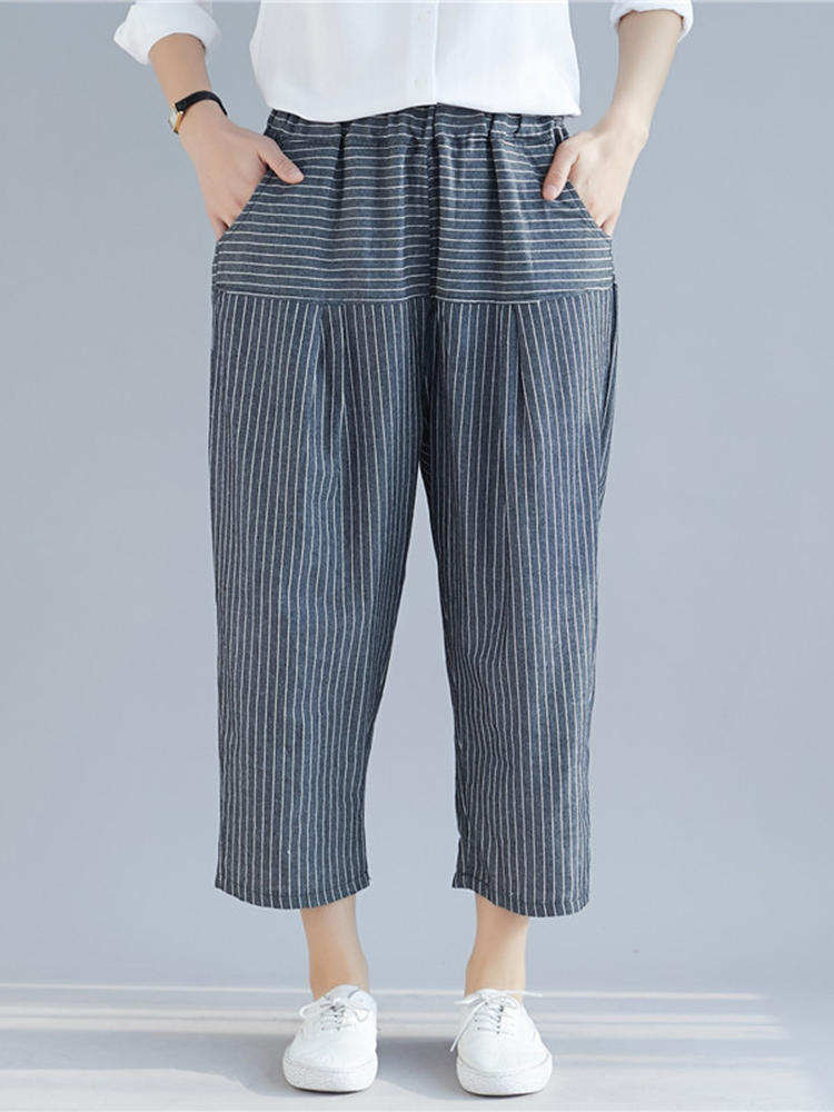 New Women Cotton Striped Elastic Waist Trousers Pants – Chile Shop