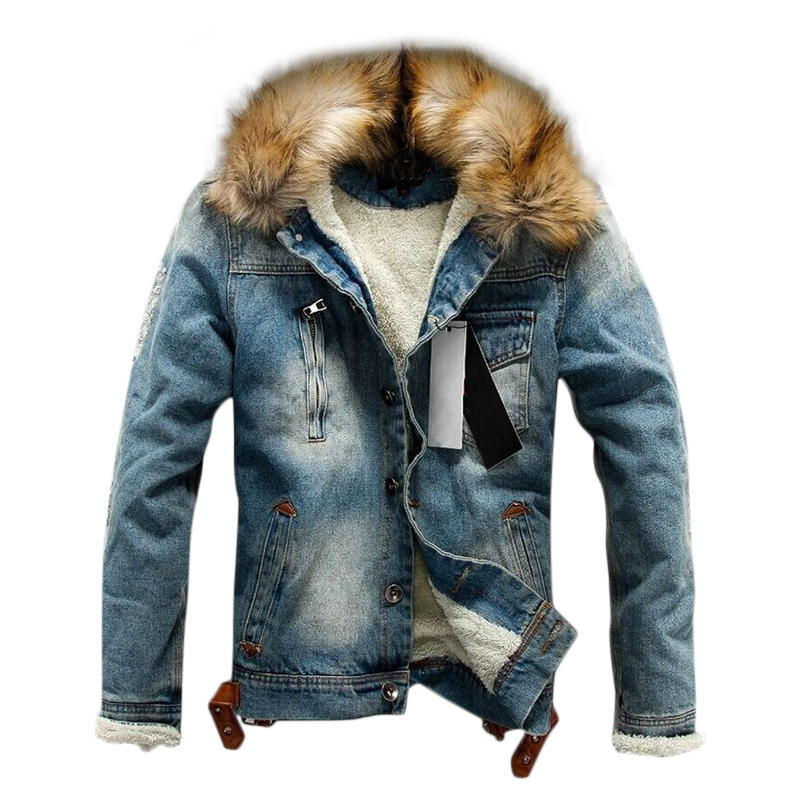 New Mens Winter Fleece Lining Furry Collar Denim Jacket – Chile Shop