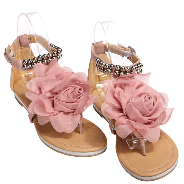 Chiffon Fabric Flower Flats T Straps Sandals Beach Shoes - US$40.95