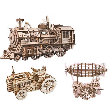 ROBOTIME STEAM DIY Wooden Robot Toy Steam Train Airship Tractor Off Road Educational Toy Gift