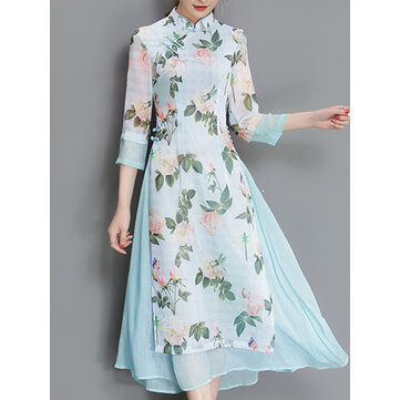 Women Vintage Printed 3/4 Sleeve Dresses Stand Collar Midi Dress
