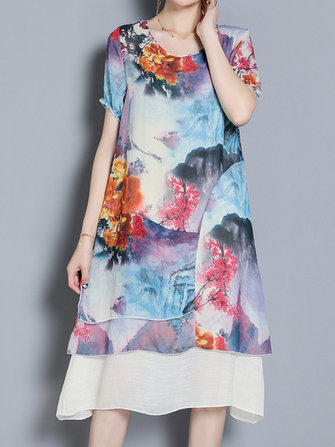 The Bobby Store : Vintage Women Two Pieces Print Loose Short Sleeve Dresses