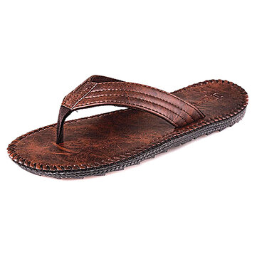 Men Leather Flip Flops Thick Bottom Comfortable Beach Shoes