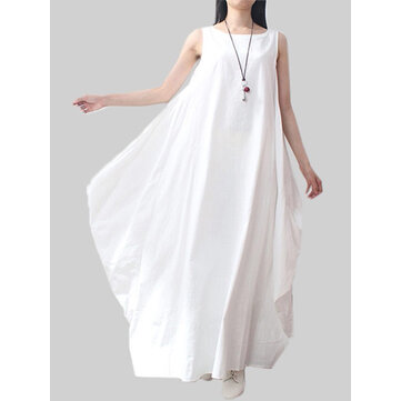Asymmetrical Solid Color Sleeveless Pocket Loose Linen Dress