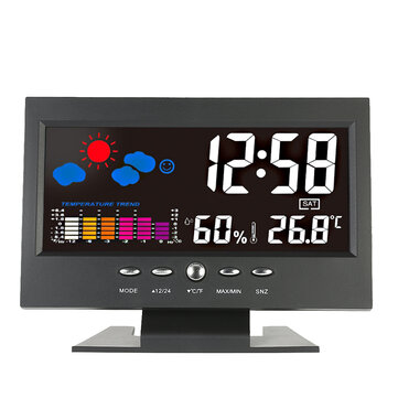 Loskii DC-000 رقمي اللاسلكية Colorful شاشة USB الخلفية الطقس محطة الطقس الرطوبة إنذار ساعةحائط مقياس الحرارة التقويم Vioce-Activated