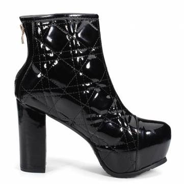 Black Plaid Leather High Thick Heel Ankle Martin Boots - US$23.59 sold out