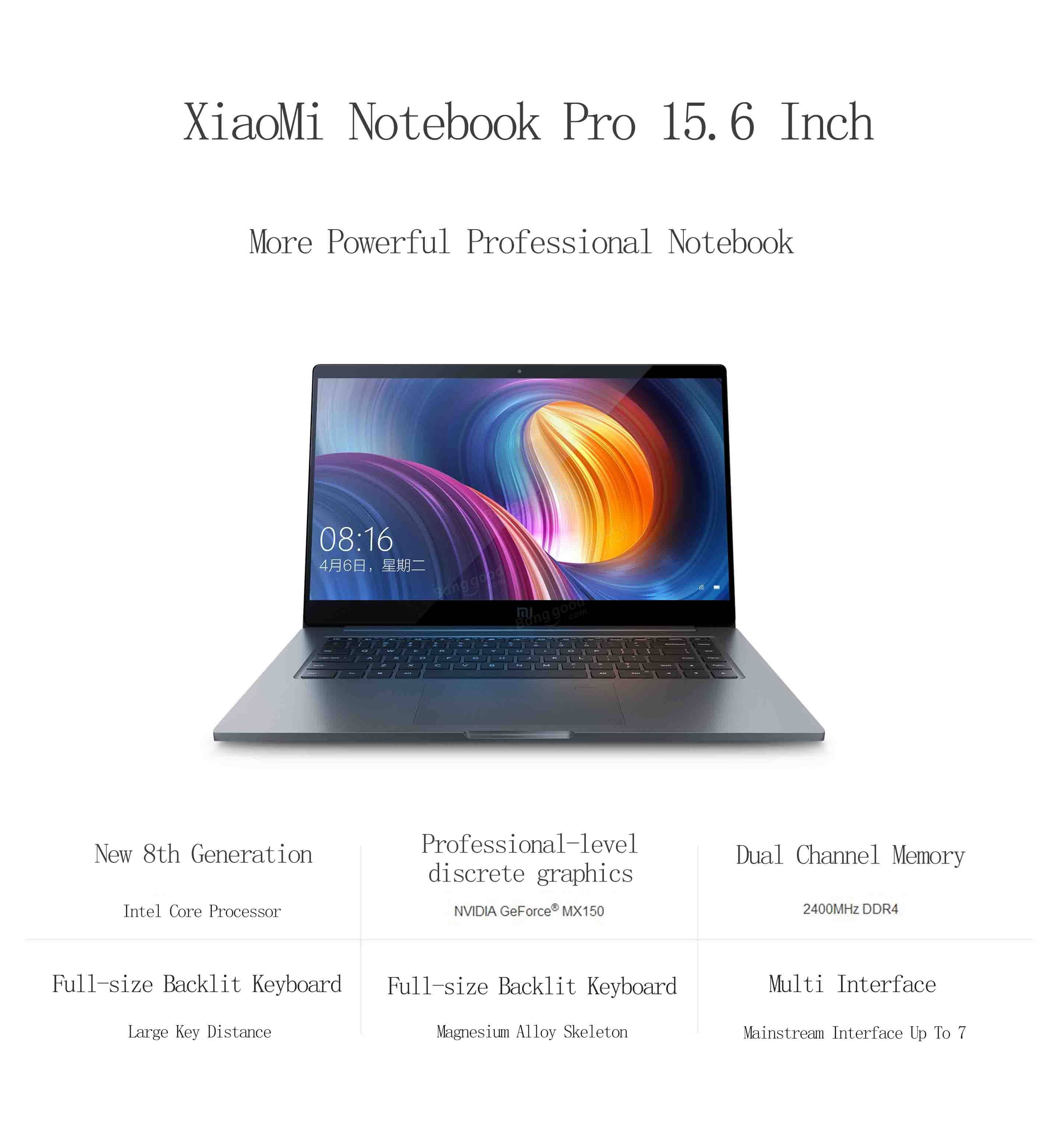 Xiaomi Notebook Pro Win10 15.6 Inch Intel Core i5-8250U Quad Core 8G/256GB Fingerprint Sensor Laptop