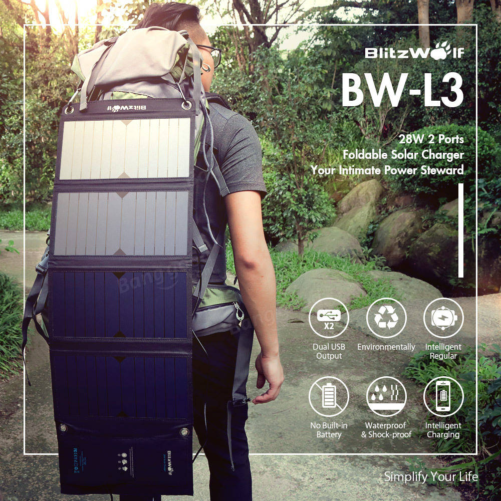 BlitzWolf® BW-L3 28W 3.8A Sun Power Foldable Solar Charger Dual USB with Power3S for iPhone 7/ 7Plus, iPad Air/ mini Camera and More